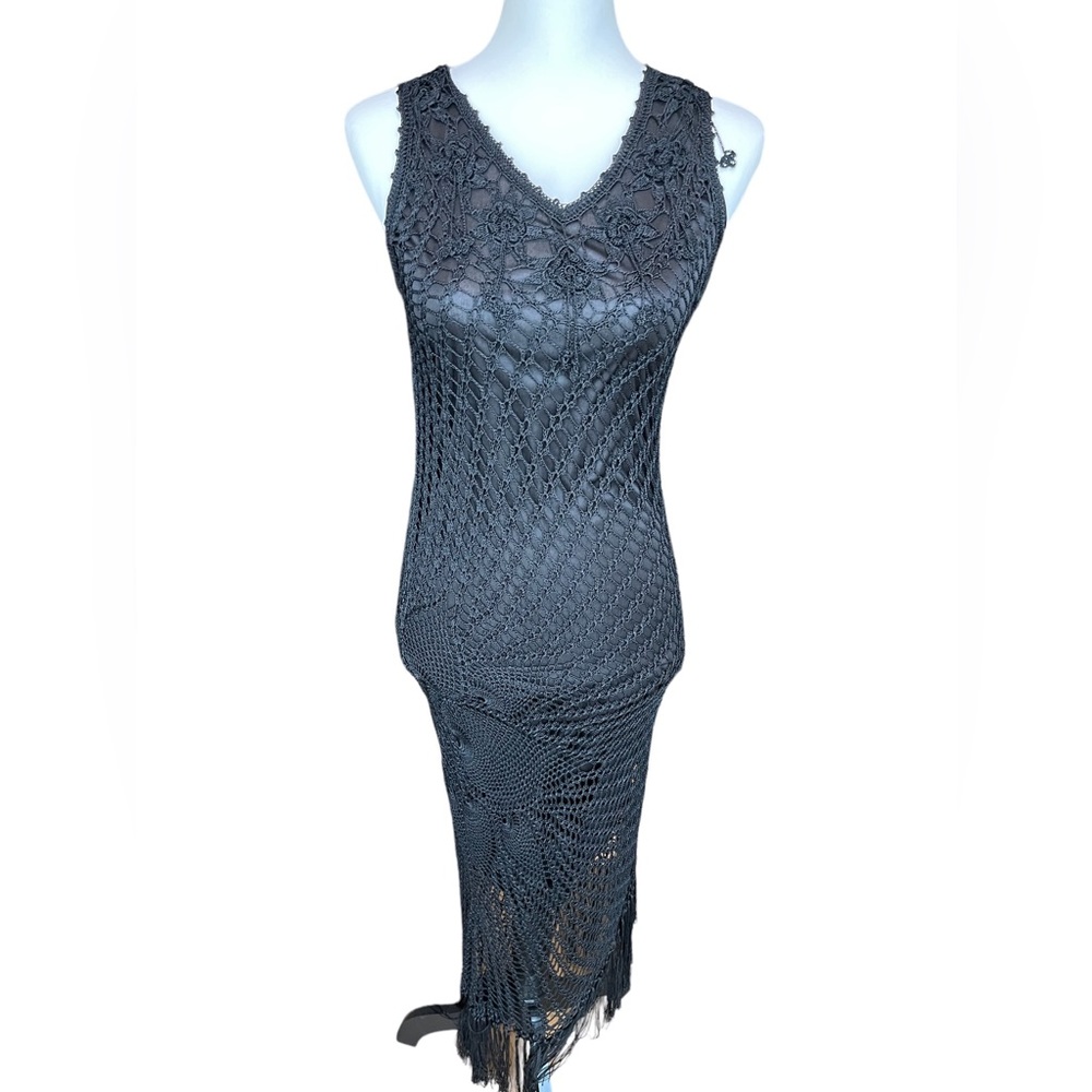 Y2K Flapper Crochet Maxi Dress w/Fringe Asymmetrical Hem line - Picture 5 of 16